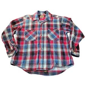 St Johns Bay Mens Heavyweight Flannel Shirt Red Blue Plaid Cotton Size L Regular